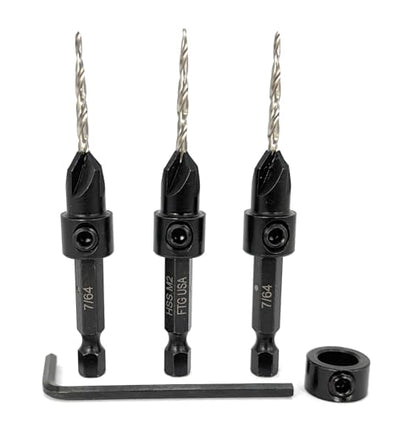 FTG USA #4 (7/64") Wood Countersink Drill Bit 3-Pc Set with 3/8" Depth Stop - size: #4, style: 3 Pc with Depth Stop