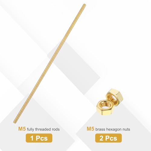 uxcell Brass Fully Threaded Rod, M5x0.8mm Pitch Right Hand Threads Studs with Solid Brass Hex Nuts, 200mm/8 Long Threaded Screw Rods Fasteners for Anchors Bolts Hangers Clamps - size: M5x0.8mmmm200mm