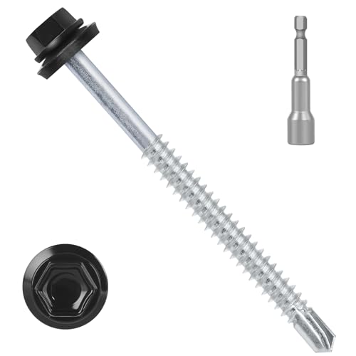 #12 x 4 (50 PCS) Black Metal Roofing Screws with Rubber Washer, Hex Head Metal to Wood Self Tapping Siding Screws, Self Drilling Sheet Metal Screw, Hex Bit Socket Included - size: #12 x 4"