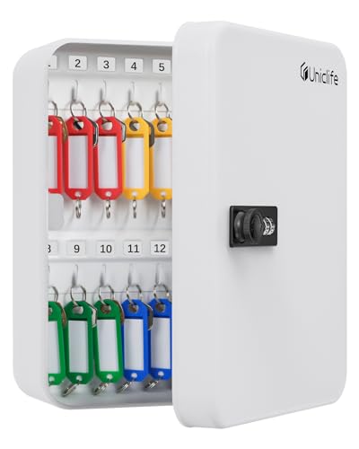 Uniclife 28-Key Steel Key Cabinet with Combination Lock Wall Mounted Key Organizer with Resettable Code White Digital Security Box with Hooks and Large Key Tag Labels Identifiers in 5 Assorted Colors - color: White, size: 28 Keys