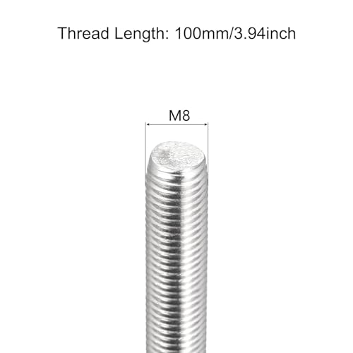 TOP-VIGOR 5Pcs M8-1.25 x 100mm Length Fully Threaded Rod, 304 Stainless Steel Right Hand Threaded Rods, Fully Studding Rod Bar for Anchor Bolts, Clamps, Hangers and U-Bolts - size: M8x100mm, 5pc