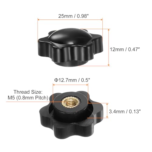 HARFINGTON 6pcs Star Knobs M5 Female Thread 25mm 6-Point Plastic Head Brass Insert Non-Through Hole Screw-in Threaded Hand Knob Clamping Handle, Black - color: Black, size: M5 x 25mm