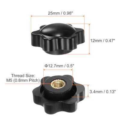 HARFINGTON 6pcs Star Knobs M5 Female Thread 25mm 6-Point Plastic Head Brass Insert Non-Through Hole Screw-in Threaded Hand Knob Clamping Handle, Black - color: Black, size: M5 x 25mm