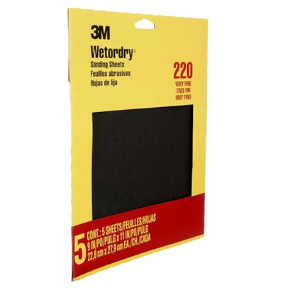 3M Wetordry Sandpaper, 5 Sheets, 9 in x 11 in, 220 Grit