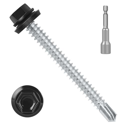 #14 x 3 (50 PCS) Black Metal Roofing Screws with Rubber Washer, Hex Head Self Tapping Screws for Metal, Self Drilling Sheet Metal Screw - size: #14 x 3"