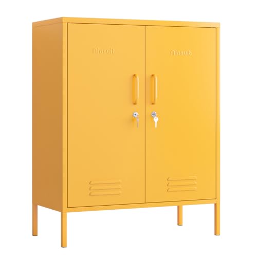 Yellow 2-Door Lockable Metal Storage Cabinet, Heavy Duty 3-Tier Tall Locker with Removable Shelves, Multifunctional Accent Cabinet for Home, Office, Entryway & Hallway, Easy Assembly - color: Mustard
