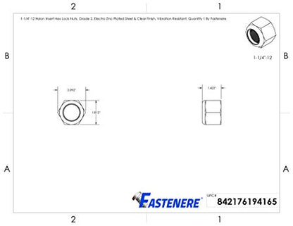 Fastenere Nylon Insert Hex Lock Nuts 1-1/4"-12 Grade 2 Zinc, Clear Finish, Vibration-Resistant, Durable Hardware Nuts for Secure Fastening, Locking Nut, (1-Pack) - size: 1-1/4"-12 (1 Pack)