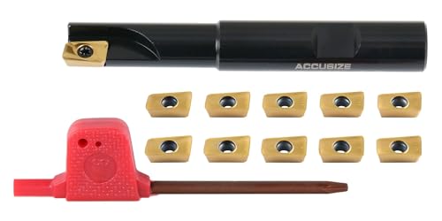Accusize Industrial Tools 1/2" 90° Square Shoulder Indexable End Mill w/ 10 add'l APKT11T308 Inserts, 1/2" Shank, 3-1/4" OAL, 0.433" ap, 1 Flute, APKT11T308, Carbide Insert, 0056-0914+0056-1130 - size: 1/2" Cut, 1/2" Shk, 1 Fl, w/ 10 add'l inserts