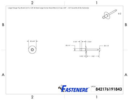 Fastenere Large Flange Pop Rivets - 3/16" x 1/8" (50 pcs) Heavy Duty, Open End, Steel Zinc, Corrosion-Resistant, High Tensile & Shear Strength, 6-2 Gap .020" - .125" - size: 3/16" x 1/8" (6-2) (50 Pack)