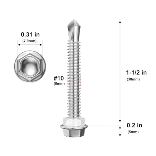 Wensilon (150Pcs) #10×1-1/2" Hex Washer Head Self Drilling Screws, 410 Stainless Steel Metal SheetScrews，TEK Screws, Sheet Metal Self Tapping Screws - color: Silver, size: #10x1-1/2"