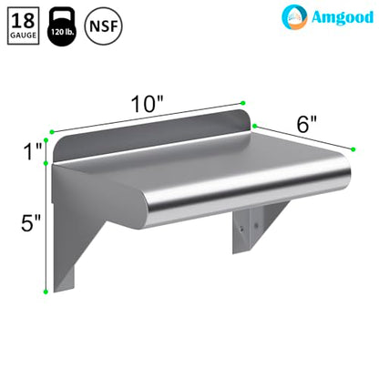 AmGood Narrow 6 in. Deep x 10 in. Wide Stainless Steel Wall Mount Shelf with Backsplash - Bathroom, Restroom & Spice Storage | NSF 18-Gauge 430, Holds 120 lbs | Bullnose Edge, Brackets Included - size: 6 in. x 10 in.