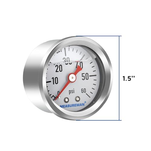 MEASUREMAN 1.5" Liquid Filled Fuel Pressure Gauge, 0-60 PSI Range for Accurate Tuning - Stainless Steel Case with a 1/16" NPT Center Back Mount - size: 0-60 PSI