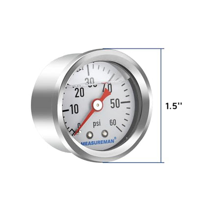 MEASUREMAN 1.5" Liquid Filled Fuel Pressure Gauge, 0-60 PSI Range for Accurate Tuning - Stainless Steel Case with a 1/16" NPT Center Back Mount - size: 0-60 PSI