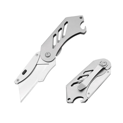 Small Utility Knife, Mini Box Cutter with Bottle Opener, Compact Portable Light Weight Everyday Carry Extra SK5 Replacement blades Foldable Quick Change Pocket EDC Gear for Carton, Carboard (Silver) - color: Silver