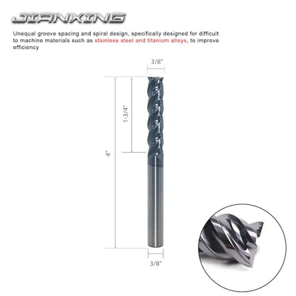3/8" Extra Long 4-Flute Carbide Square End Mill, 4" OAL, 1Pc - size: 3/8" Extra Long (1 Pc), style: For Stainless Steel