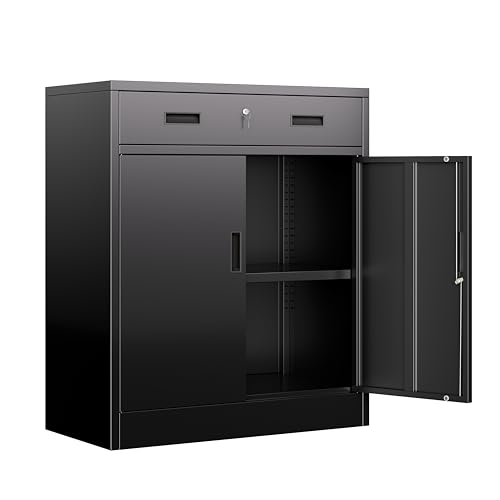 BESFUR Metal Garage Storage Cabinet with One Lockable Drawer 2 Locking Doors and an Adjustable Shelf, 36" Black Metal Short Storage Cabinet for Home Office,Garage,School,Utility Room - color: Black, size: 36"H x 27.5"W x 15.8"D
