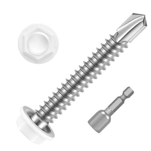 #10 x 1-1/4" Hex Washer Head Self Drilling Sheet Metal Screws with Drill Point, Stainless Steel 410, White Head, 50 PCS - color: White, size: #10 x 1-1/4"