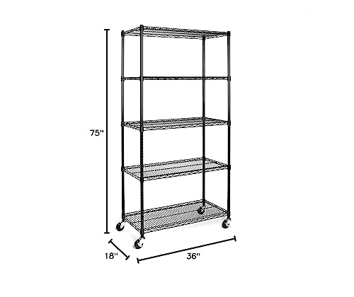 UltraDurable 5-Tier NSF Steel Wire Shelving, 36"W x 18"D x 75"H, Black - color: Black, size: 5-Tier Shelving, 36" W x 18" D