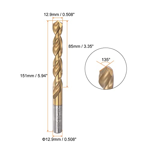 HARFINGTON Twist Drill Bit 12.9mm Titanium Coated (HSS-E) M42 High Speed Steel 8% Cobalt Straight Shank for Stainless Steel Aluminum Alloy Metal - size: 12.9mm