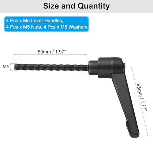 uxcell 4pcs Lever Adjustable Handles M5 x 50mm Metric Male Thread with Nuts Washers, Level Clamping Handle Set Hand Stud Knobs Rotating Screw Handles Bolts with Locking Lever, Black - size: M5 x 50mm