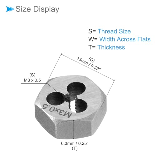 Hex Rethreading Die, M3 x 0.5 Pitch, Carbon Steel Cylindrical Pipe Threading Tool with 3 Chip Holes - (Applications: for Threading Repairing) - size: M3x0.5
