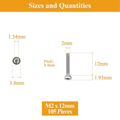 105 Pieces M2 x 12mm Socket Head Cap Screws, Thread Pitch 0.4mm, Sutemribor M2 Screws, 304 Stainless Steel, Fully Threaded, Silver - size: M2 x 12mm, style: Socket Head