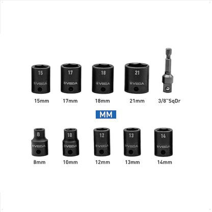 VEGA 3/8 Socket Set Metric - Mechanics Tool Set Impact Grade Socket and Socket Adapter. Includes Holder and Carabiner (10pc) - style: Metric