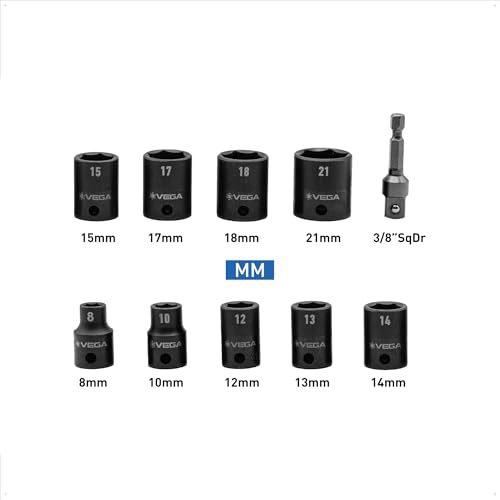 VEGA 3/8 Socket Set Metric - Mechanics Tool Set Impact Grade Socket and Socket Adapter. Includes Holder and Carabiner (10pc) - style: Metric