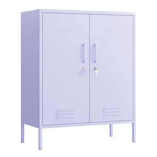 Purple 2-Door Lockable Metal Storage Cabinet, Heavy Duty 3-Tier Tall Locker with Removable Shelves, Multifunctional Accent Cabinet for Home, Office, Entryway & Hallway, Easy Assembly - color: Lilac