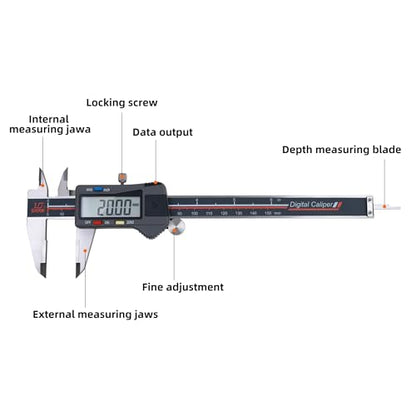 Digital Caliper, 0-6 Inch/150mm, Stainless Steel, Large LCD Screen, Data Output