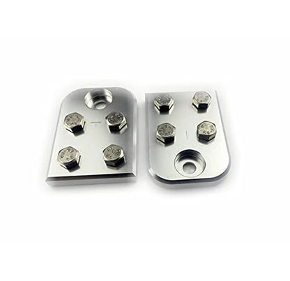 A pair of 4-point flat lug battery terminal blocks, using stainless steel bolts