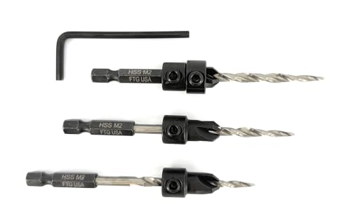 FTG USA 3-Pk #8 (11/64") Countersink Drill Bit Set, 1 Stop, 1 Wrench & Case - size: #8, style: 3 Pc with Depth Stop and Case