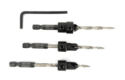 FTG USA 3-Pk #8 (11/64") Countersink Drill Bit Set, 1 Stop, 1 Wrench & Case - size: #8, style: 3 Pc with Depth Stop and Case