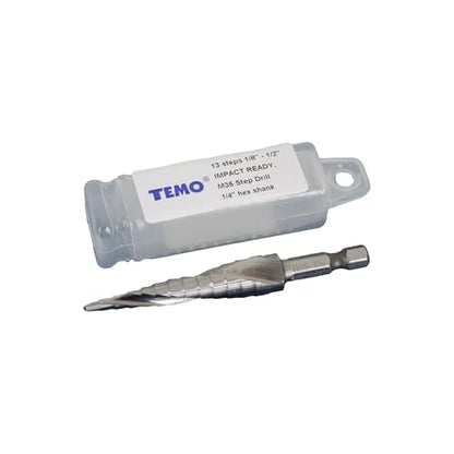 TEMO M35 Cobalt Spiral Step Drill Unibit Bit, 13 Size 1/8"-1/2", 1/4" Shank - size: 1/8" - 1/2", style: Spiral