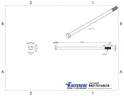 1/2-13 x 12 Hex Head Cap Screw Bolts, External Hex Drive, Stainless Steel 304, Partially Threaded, Stainless Steel, Quantity 1 By Fastenere - size: 1/2-13 x 12 Inch (1 Pack)