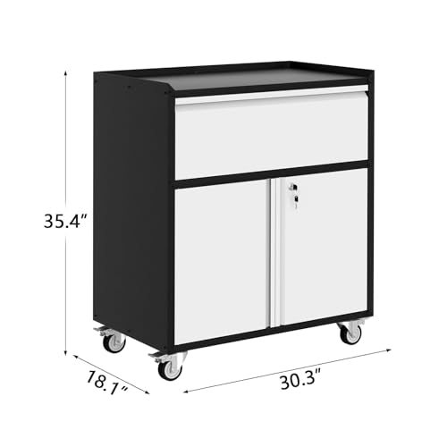 35.43in Duty Metal Garage Storage Cabinet with Wheels and 1 Drawer, Lockable Rolling Tool Cabinet with Adjustable Shelf, Rust-Resistant Steel Utility Cabinet for Garage, Home, Office Workshop - color: Black