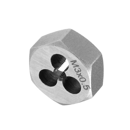 Hex Rethreading Die, M3 x 0.5 Pitch, Carbon Steel Cylindrical Pipe Threading Tool with 3 Chip Holes - (Applications: for Threading Repairing) - size: M3x0.5