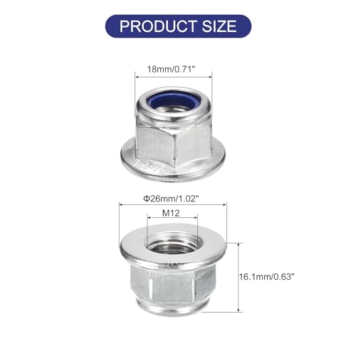 uxcell M12x1.75mm Flange Nylon Insert Lock Nuts 10Pcs 304 Stainless Steel - size: M12-1.75