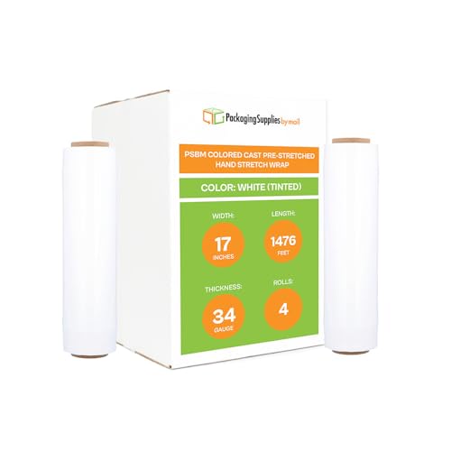 PSBM 4 Rolls 17 Inch x 1476 Feet 34 Gauge Pre-Stretched Film/Wrap, Industrial Strength White Shrink/Plastic Wrap for Moving, Packing, Shipping, Pallet Wrapping & Storage - color: White, size: 17 Inch