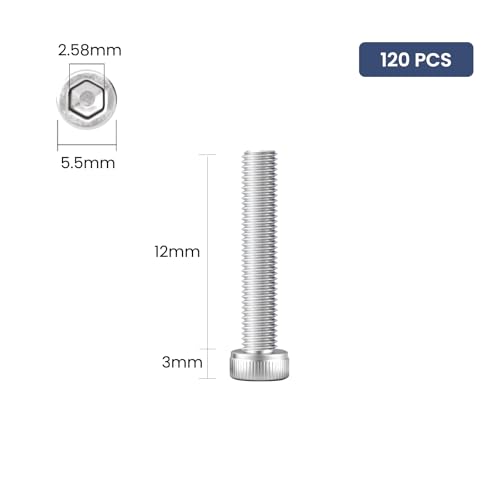 120pcs M3 x 12mm Hex Socket Head Cap Screws Bolts, 304 Stainless Steel 18-8, Allen Socket Drive,Bright Finish, Full Threads,with Hex Spanner - size: M3 x 12mm