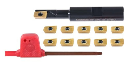 Accusize Industrial Tools 3/8" 90° Square Shoulder Indexable End Mill w/ 10 add'l APKT11T308 Inserts, 1/2" Shank, 3" OAL, 0.433" ap, 1 Flute, APKT11T308 Carbide Insert, 0056-0912+0056-1130 - size: 3/8" Cut, 1/2" Shk, 1 Fl, w/ 10 add'l inserts