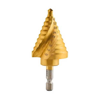 NEIKO 10174A Step Drill Bit, 10 Steps 1/4" to 1-3/8" Straight High Speed Steel, Titanium Nitride Coated, 1/4" Quick Change Step Bits for Steel, Metal, Wood, Plastic, Unibit Cone Drill Bits, Two Flute - size: #5 (1/4 - 1-3/8", 10S), style: Spiral