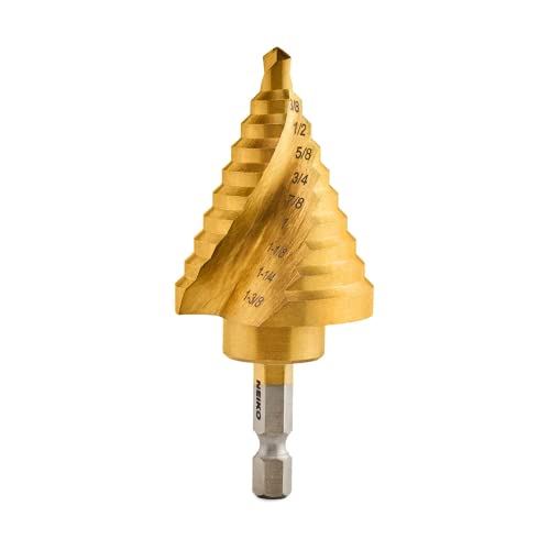 NEIKO 10174A Step Drill Bit, 10 Steps 1/4" to 1-3/8" Straight High Speed Steel, Titanium Nitride Coated, 1/4" Quick Change Step Bits for Steel, Metal, Wood, Plastic, Unibit Cone Drill Bits, Two Flute - size: #5 (1/4 - 1-3/8", 10S), style: Spiral
