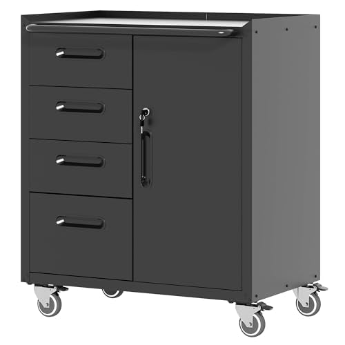 Mobile Tool Storage Cabinet with 4 Drawer and 1 Locking Doors - color: Black, style: 1 door 4 drawer with wheels