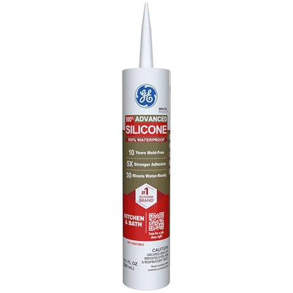 GE Advanced Silicone Caulk for Kitchen & Bathroom, White, 10 fl oz Cartridge, 12 Pack - 100% Waterproof Silicone Sealant, 5X Stronger Adhesion, Shrink & Crack Proof - size: Pack of 12, style: White