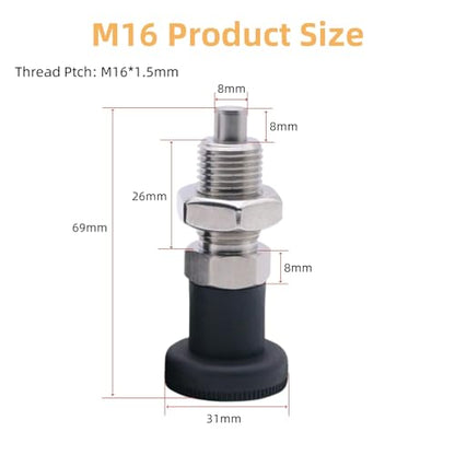 Push Fit Ball Nose Spring Plunger, Stainless Steel Retractable Spring Plunger Return Knob Plunger Spring Loaded Plunger Spring Plunger Pin Non Lock Out Indexing Plunger Pull Knob Spring Pin (M16) - size: M16