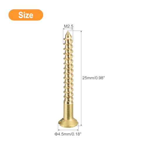uxcell Brass Wood Screws, 30Pcs M2.5 x 25mm Slotted Drive Flat Head Self Tapping Screw Countersunk for Woodworking Furniture - size: M2.5 x 25mm