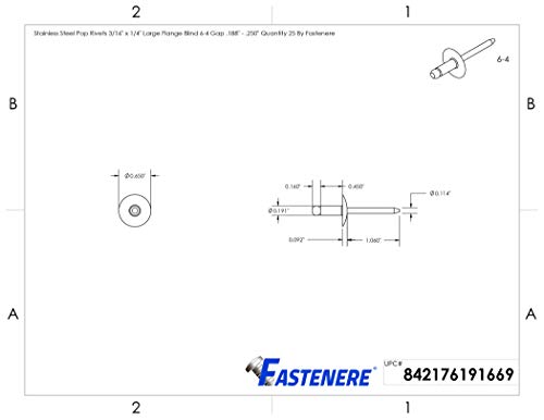 Fastenere Large Flange Pop Rivets - 3/16" x 1/4" (25 Pack) Heavy Duty, Stainless Steel Blind Rivets, Open End 6-4 Grip Range .188" - .250", Corrosion Resistant, High Tensile & Shear Strength - size: 3/16" x 1/4" (6-4) (25 Pack)