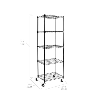 UltraDurable 5-Tier NSF Steel Wire Shelving, 24"W x 18"D x 75" H, Black - color: Black, size: 5-Tier Shelving, 24" W x 18" D