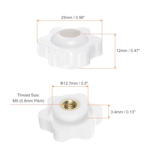 HARFINGTON 10pcs Star Knobs M5 Female Thread 25mm Head Plastic Through Hole Brass Screw-in Clamping Handles Threaded Hand Knobs, White - color: White, size: M5 x 25mm